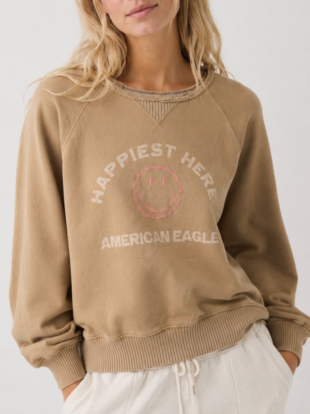 American Eagle Tan Smiley Crewneck Sweatshirt XS
